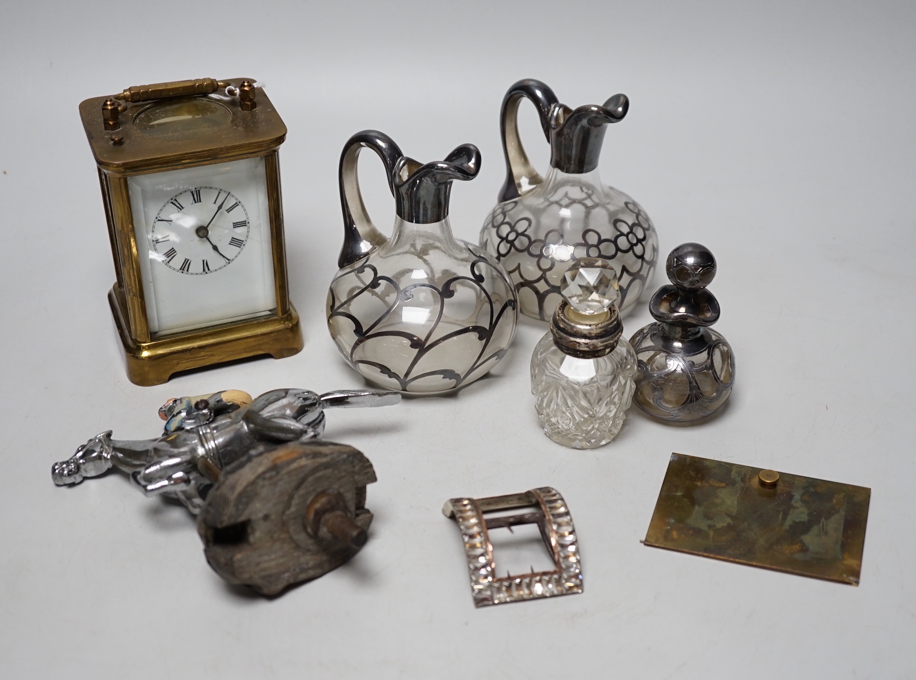 Antique and later objects including Georgian cut steel buckle, car mascot in the form a jockey on horseback, silver overlaid scent bottles and carriage clock with enamel dial